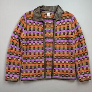 Sigrid Olsen Cardigan Jacket Women's XS Multicolor Open Wool Leather Trim